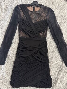 BCBGMaxAzria Black Lace Long-Sleeve Ruched Bodycon Dress